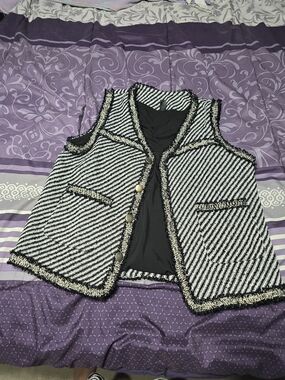 Womens Black & White Tweed Vest Jacket - Classic Button Front
